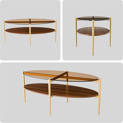 Saint Mossi Olive Glass Coffee Table for Living Room, Mid Century Modern Center Table, Surfboard Brown Glass & Coffee Brown MDF Bottom Shelf, L41xW21xH17, Gold Table Legs