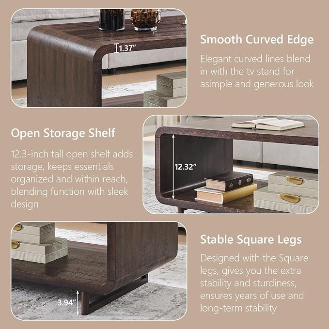 48" Modern Coffee Table, 2-Tier Minimalist Center Table with Storage Shelf, Curved Profile Design, Wooden Rectangular Living Room Table w/Wood Thick Design for Living Room, Office, Brown