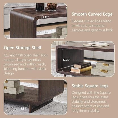 48" Modern Coffee Table, 2-Tier Minimalist Center Table with Storage Shelf, Curved Profile Design, Wooden Rectangular Living Room Table w/Wood Thick Design for Living Room, Office, Brown
