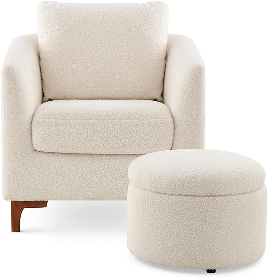 COLAMY Sherpa Accent Chair with Storage Ottoman Set, Upholstered Barrel Arm Chair with Footrest, Modern Living Room Chair with Back Pillow, Cream