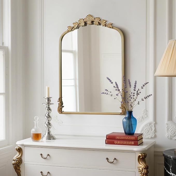 WallBeyond Gold Antique Mirror for Vanity 22x30 Inch, Gold Vintage Wall Mirror with Ornate Frame, Arched Vintage Wall for Bathroom, Living Room, Fireplace