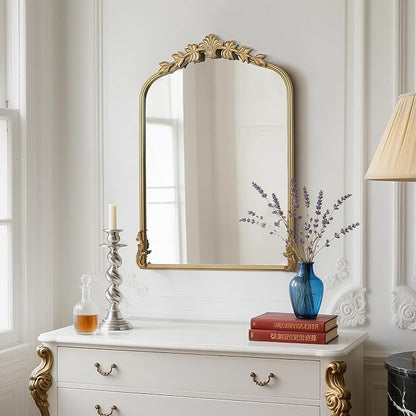 WallBeyond Gold Antique Mirror for Vanity 22x30 Inch, Gold Vintage Wall Mirror with Ornate Frame, Arched Vintage Wall for Bathroom, Living Room, Fireplace