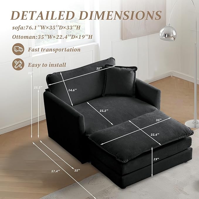 SoarFlash Chenille Sectional Sofa, Comfy Modular Single Sofa with Ottoman, Modern Recliner Deep Seat Sofa Set for Living Room,Grey