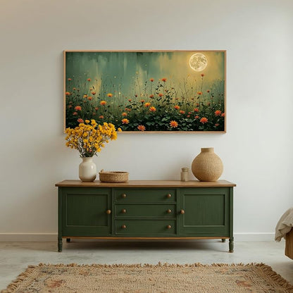 HOURIA Mystical Midnight Wildflower Framed Canvas Wall Art Set,Moonlit Orange Floral Wall Decor,Nature Inspired Landscape Artwork,Watercolor Art Prints for Living Room,Bedroom,Farmhouse- 20"×40"×1