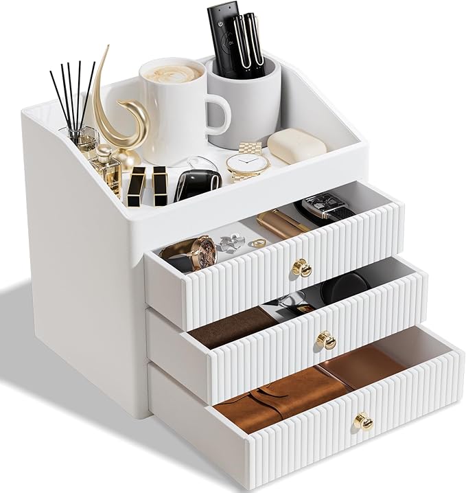 Office Accessories,Begie White Vegan Leather Office Supplies with 3 Drawers & Tray for Desk,Perfume Organizer with Gold-Tone Metal Accents Knob Bedroom