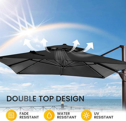 10 X 13 FT Cantilever Patio Umbrella with Base Included Outdoor Heavy Duty Double Top Windproof Rectangle Offset Umbrellas with 360-degree Rotation for Pool Deck Backyard, Black