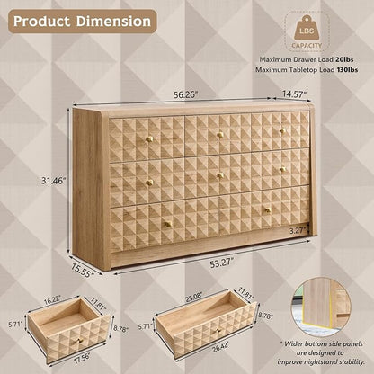 Modern 8 Drawer Dresser for Bedroom, Wooden Large Dressers &Chests of Drawers w/2 Different Drawer Sizes, Mid Century Modern Dresser w/Diamond Panel Decorate for Bedroom, Curved Profile Design,Natural