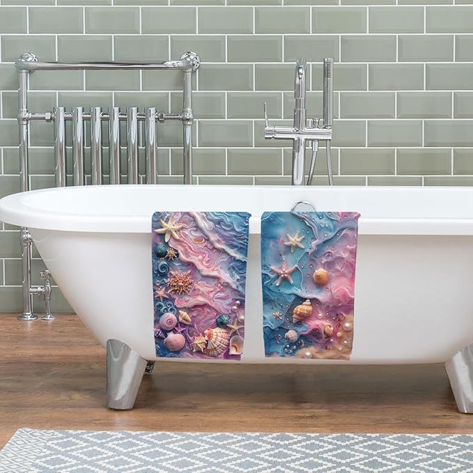 Marble Texture Kitchen Towels Set of 2 Starfish Shells Pearls Dish Towels Gifts for Women 16x24 Tabletop Decor Marble