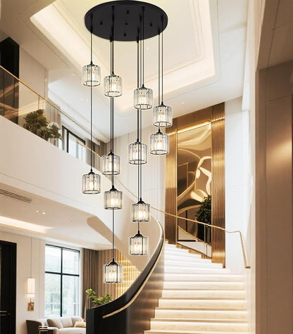 Long Chandeliers for High Ceilings,Modern Crystal Pendant Light,Raindrop Drop Lamp,Hanging Lighting Fixtures for Spiral Staircase,Foyer,Entryway,Living Room,Black (12 Lights)