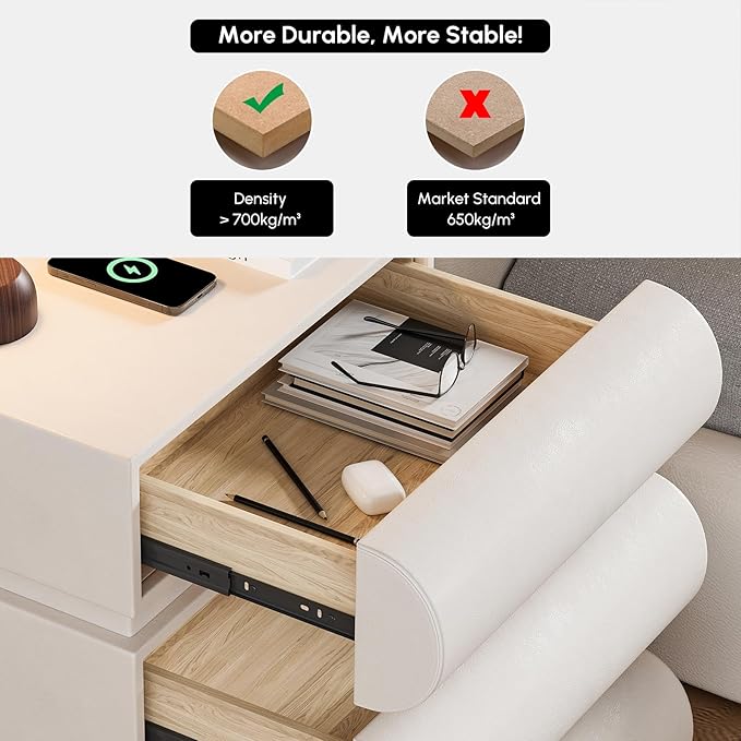 homary 3-Drawer Smart Nightstands Set of 2 with Wireless Charging Station, USB & Type-C Ports, Faux Leather White Night Stands Modern Bedside Tables for Bedroom Storage, Fully Assembled