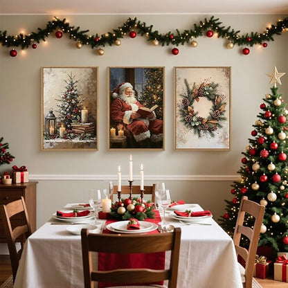 HOURIA Vintage Christmas Framed Canvas Wall Art Set,Santa Claus Reading Book Decor, Wreath Pinecone Berries Artwork,Cozy Night Tree Candle Lantern Prints for Living Room,Xmas Holiday Gifts- 24"x36"x3