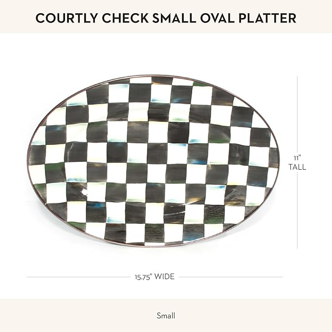 MACKENZIE-CHILDS Enamel Oval Platter, Serving Plate for Entertaining, Small, Black-and-White Courtly Check