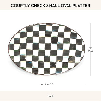MACKENZIE-CHILDS Enamel Oval Platter, Serving Plate for Entertaining, Small, Black-and-White Courtly Check