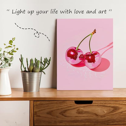 APJYM Trendy Hot Pink Disco Ball Cherry Wall Art, Preppy Room Decor, Y2K Room Decor, Funky Y2K Aesthetic Wall Art for Girls Bedroom Dorm Apartment, 11x14 Inches Frame