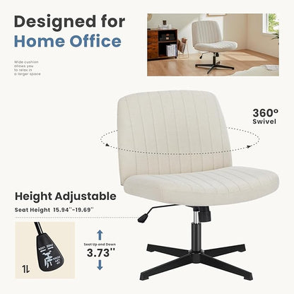DUMOS Desk Chair No Wheels, Criss Cross Chair Wide Cross Legged Desk Vanity Comfy Chair, Armless Adjustable Swivel Chairs for Home Computer Task Beige