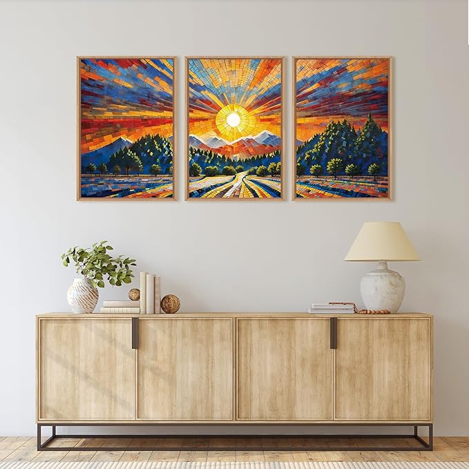 HOURIA Large Natural Mountain Forest Framed Canvas Wall Art Set,Wilderness Sunrise Wall Decor,Boho Pine Tree Square Ridge Artwork,Modern Field Art Print for Living Room, Office, Farmhouse- 24"x36"x3