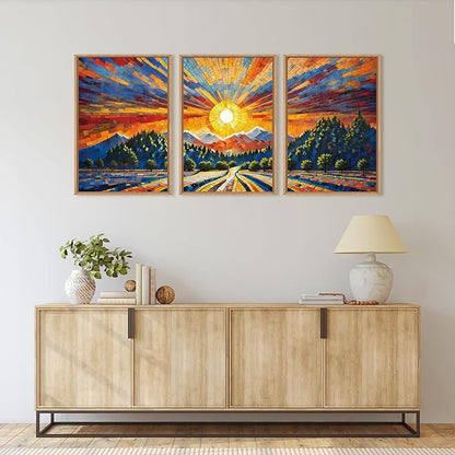 HOURIA Large Natural Mountain Forest Framed Canvas Wall Art Set,Wilderness Sunrise Wall Decor,Boho Pine Tree Square Ridge Artwork,Modern Field Art Print for Living Room, Office, Farmhouse- 24"x36"x3