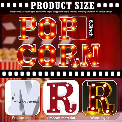 Popcorn Light up Letters Sign Party Decorations Battery Powered Marquee Lighted Sign LED Alphabet Letter Lights for Christmas Night Party Birthday Home Tabletop Decor Supplies Xmas Gift
