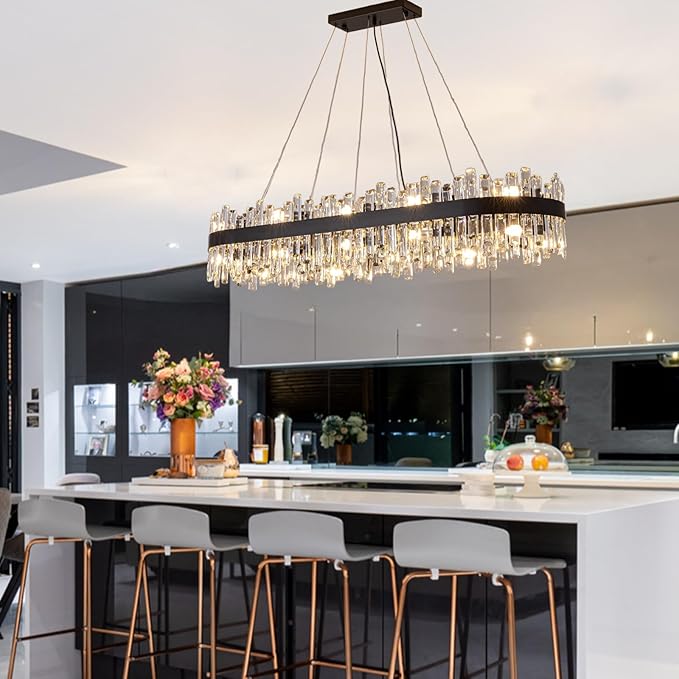 Siljoy Modern Crystal Chandelier for Dining Room, 20 Lights Large Black Rectangular 2-Tiers K9 Crystal Raindrop Chandelier Pendant Ceiling Light Fixture for Living Room Kitchen Island Bar L52’’