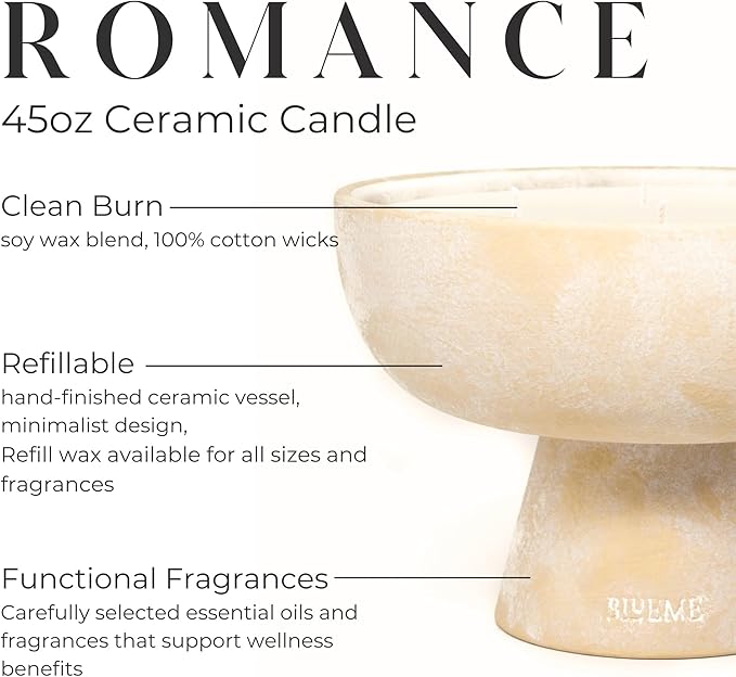 BLUEME Romance - Oakmoss & Sandalwood, Luxury Candle w/Essential Oils, 6 Wick, Hand-Poured Soy, Cotton Wick, Ceramic