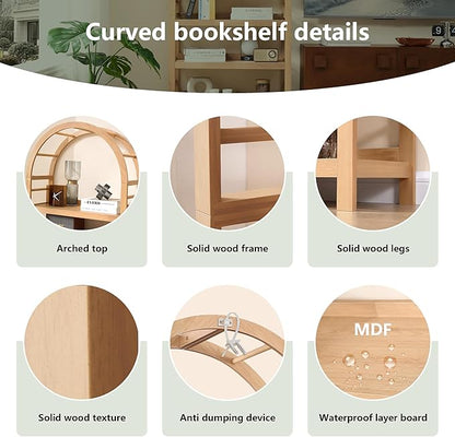 5-Tier Solid Wood Open Bookcase, Modern Arched Bookshelf, Home Office Shelf Storage Organizer, Storage Display Rack Shelf for Living Room (Natural)