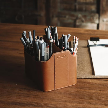 Londo PU Leather Remote Control Holder, Office Supplies Desk Organizer with Tablet Slot, Makeup Brush and Utensils Cube, Large Capacity Desk Caddy with 5 Compartments