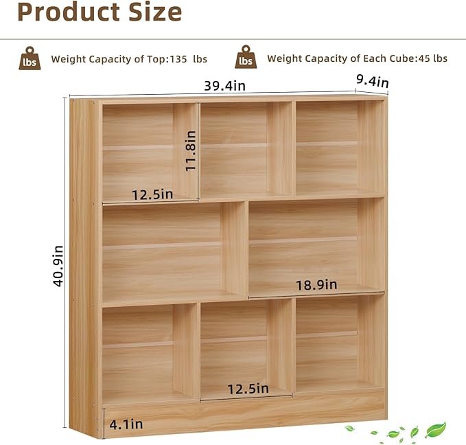 LEYAOYAO 8 Cube Bookshelf with Base,3 Tier Mid-Century Modern Natural Bookcase,Standing Wide Bookshelves Storage Organizer Shelf,Rustic Wood Display Cabinet Book Shelves for Bedroom,Living Room,Office