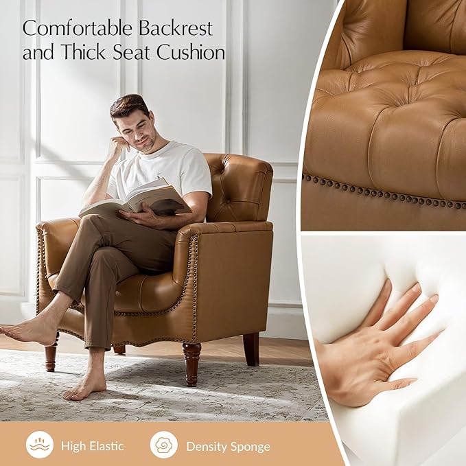 HULALA HOME Mid Century Modern Leather Club Chairs Set of 2, Top-Grain Genuine Leather Armchairs with Button-Tufted Back & Solid Wood Legs, Accent Chairs for Living Room/Bedroom/Home Office, Camel