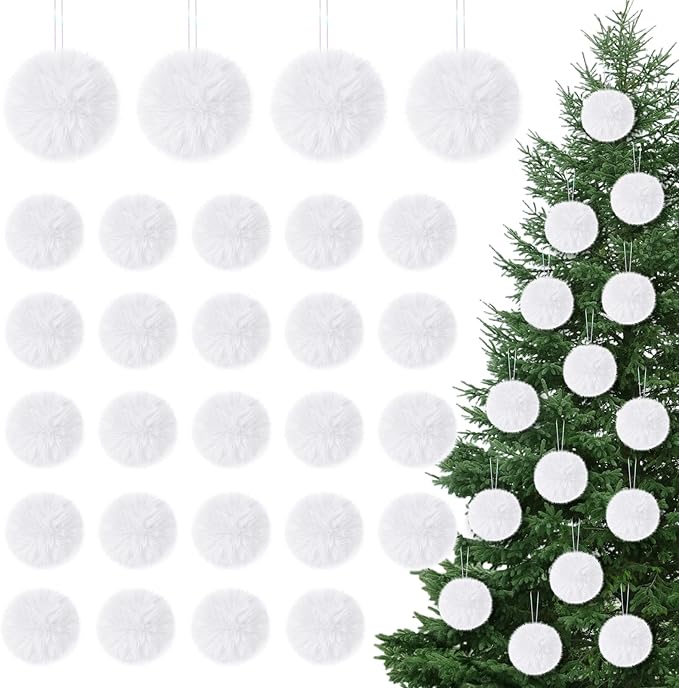 12Pcs Furry Christmas Ball Ornament for Xmas Tree White Soft Faux Fur Pom Pom Ball Ornaments Christmas Tree Hanging Decorations for Winter Party Home Decor Costume Supplies