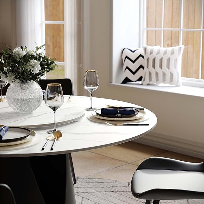 POVISON Round Dining Table for 4, 47" Modern Round Dining Table Built in Lazy Susan, Matte Sintered Stone Tabletop with Black Carbon Steel Pedestal, White