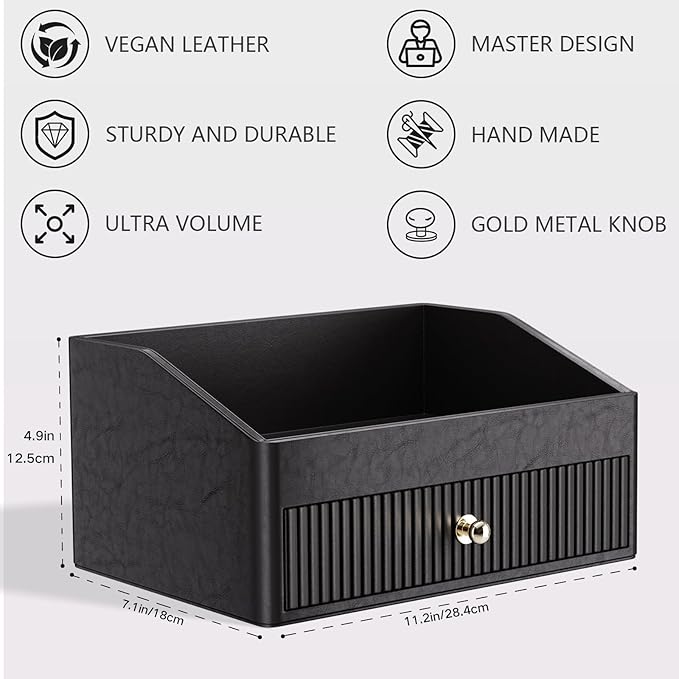 Desk Accessories,Black Vegan Leather Desk Organizers with 1 Draw Remote Control Holder with Gold-Tone Metal Accents Knob for End Tables,Bedside Table,Bedroom