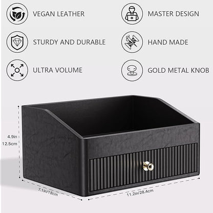 Desk Accessories,Black Vegan Leather Desk Organizers with 1 Draw Remote Control Holder with Gold-Tone Metal Accents Knob for End Tables,Bedside Table,Bedroom