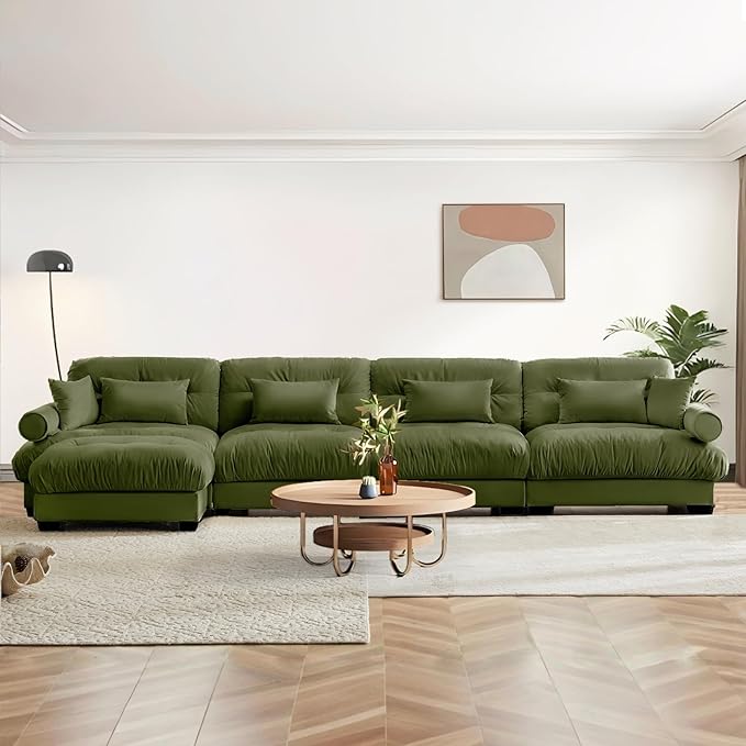 SoarFlash Sectional Couches for Living Room, L Shaped Sofa Couch with Velvet Fabric, 4 Seat Modern Sofa with Ottoman, Removable Pillows for Apartment, Green