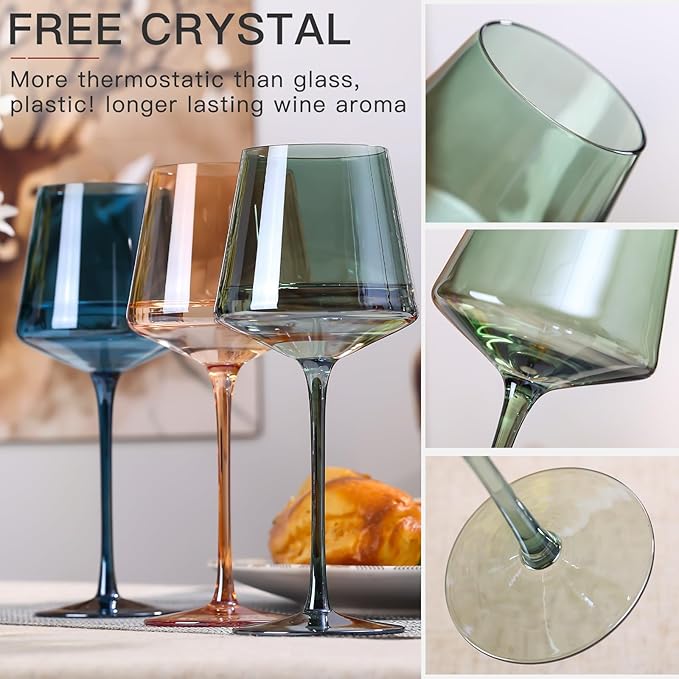 Green Wine Glasses Set of 6-18oz Colored Square Wine Glasses with Tall Long Stems and Flat Bottom,Crystal Colorful Wine Glass-Unique Gifts for Wine Lovers,Wedding,Engagement Gifts (Light Blue Sea)