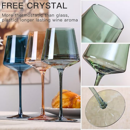 Green Wine Glasses Set of 6-18oz Colored Square Wine Glasses with Tall Long Stems and Flat Bottom,Crystal Colorful Wine Glass-Unique Gifts for Wine Lovers,Wedding,Engagement Gifts (Light Blue Sea)
