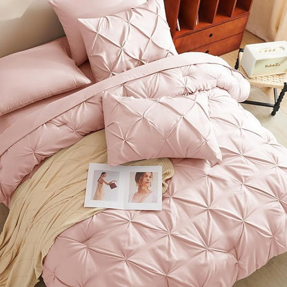 CozyLux Twin Comforter Set with Sheets Blush Pink, 5 Pieces Pintuck Bed in A Bag, Twin Bed Set Gift for Family, Pinch Pleat Bedding Set with Comforter, Sheets, Pillowcase & Sham