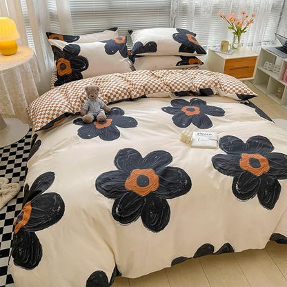 CLOTHKNOW Black Floral Queen Comforter Set Sunflower Bedding Comforter Sets Pumpkin Grid Comforter Soft Botanical Queen Comforter with 2 x Pillow Cases