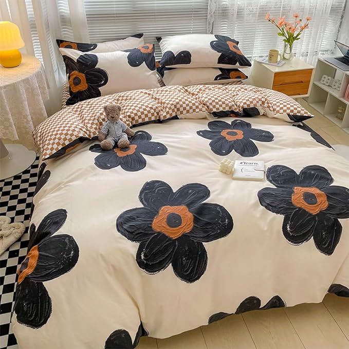 CLOTHKNOW Black Floral Full Size Comforter Sets Sunflower Bedding Comforter Sets Pumpkin Plaid Comforter Beige Black Comforter with 2 x Pillow Cases