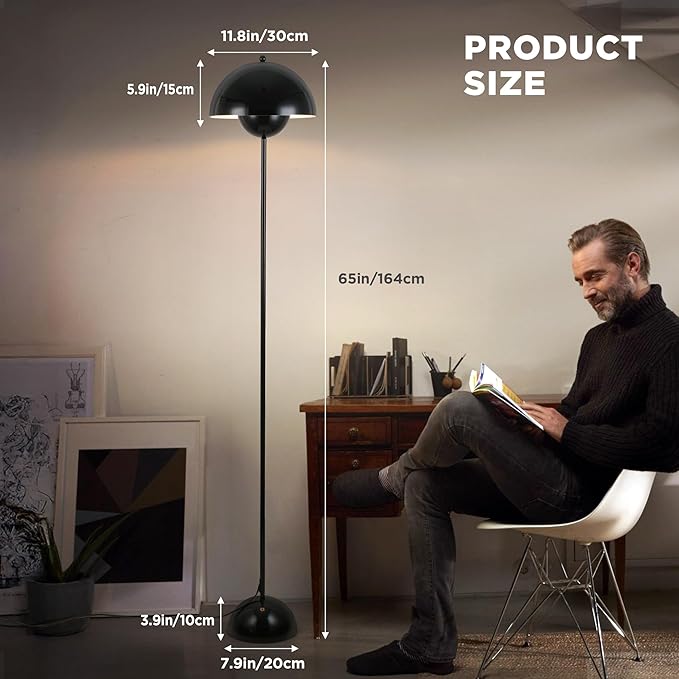 COSYLUX Modern Floor Lamp for Living Room, Industrial Tall Standing Lamp for Bedroom, Metal Shade Reflecting Light Reading Floor Lamp for Office, Nursery Room, Corner(Bright Black)