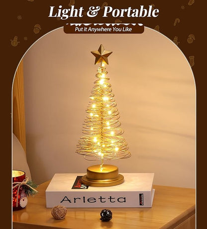 Lewondr Christmas Tree Light, 13 Inch Spiral Christmas Tree Desk Decorative Light, Battery Powered Star Table Lamp with Metal Stand Home Bedroom Decor Xmas Ornament, Gold