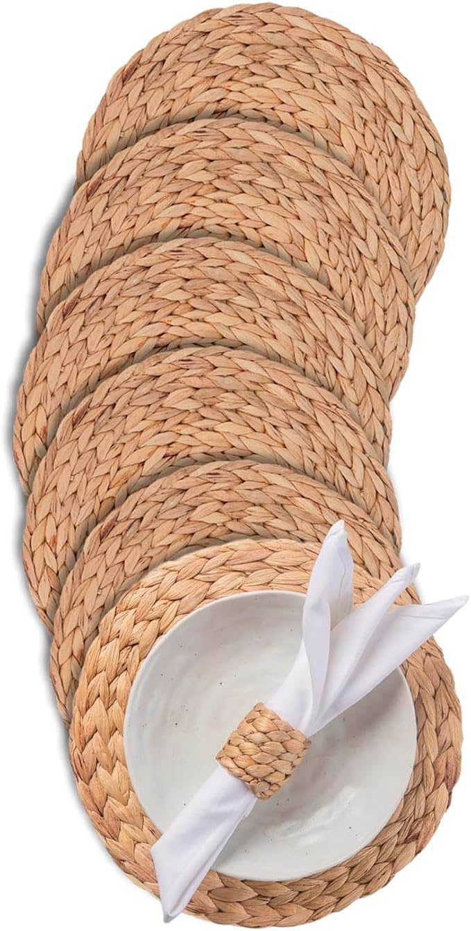 13.8" Set of 6 Round Water Hyacinth Placemats | Boho Woven Rattan Table Mats | Farmhouse Wicker Spring Plate Chargers Like Corn Husk, Seagrass for Wedding, Party, Christmas, Events