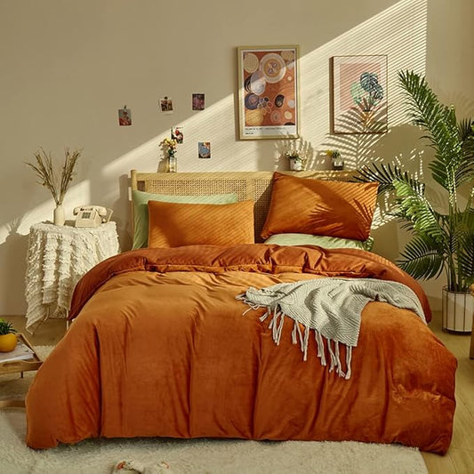 CLOTHKNOW Burnt Orange Fluffy Queen Comforter Set 3Pcs Velvet Bedding Comforter Sets Rust Comforter Terracotta Comforter Queen with 2 x Pillow Cases