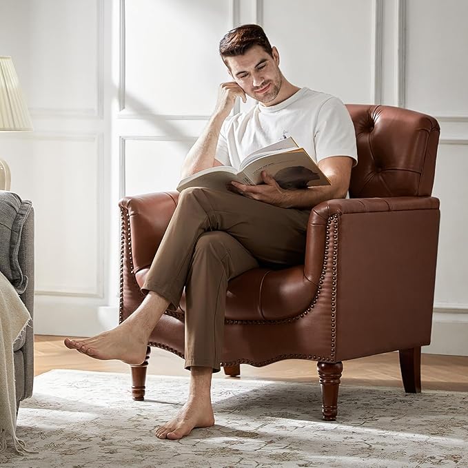 HULALA HOME Mid Century Modern Leather Club Chairs, Top-Grain Genuine Leather Armchairs with Button-Tufted Back & Solid Wood Legs, Accent Chairs for Living Room/Bedroom/Home Office, Brown