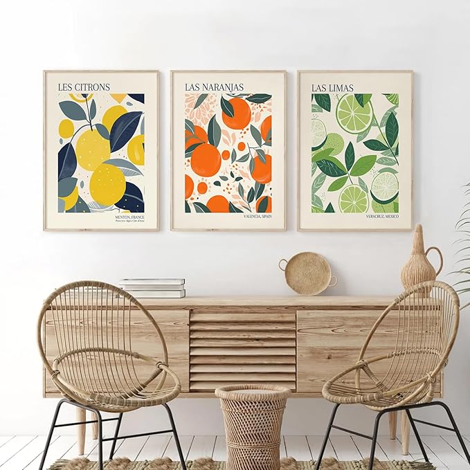 Fruit Market Wall Art Decor Kitchen Lemon Pictures Wall Art Fruit Botanical Prints Poster Orange Green Canvas Kitchen Artwork for Dining Room 16x24 Inch Unframed Set of 3