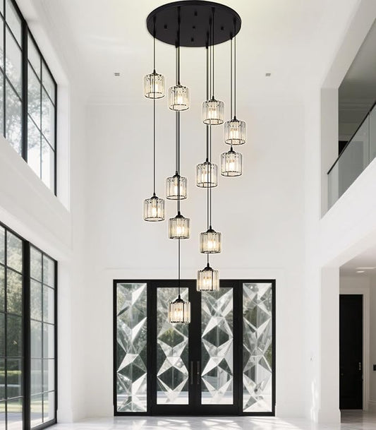 Long Chandeliers for High Ceilings,Modern Crystal Pendant Light,Raindrop Drop Lamp,Hanging Lighting Fixtures for Spiral Staircase,Foyer,Entryway,Living Room,Black (12 Lights)