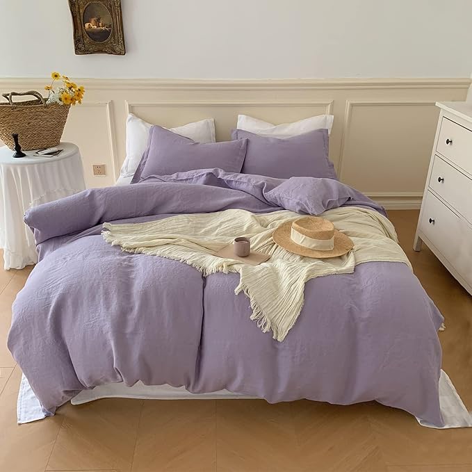 Simple&Opulence 100% Linen Duvet Cover Set, Natural French Flax Lilac Duvet Cover Twin Size, Breathable Soft Comfy Linen Bedding Comforter Cover with 1 Pillowcase(Lilac, 68"x86")