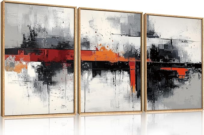 HOURIA Modern Abstract Framed Canvas Wall Art Set,Neutral Black and Orange Wall Decor,Textured Gray White Wall Painting,Pastel Strokes Art Prints for Living Room, Bedroom, Farmhouse-16 x24 x3