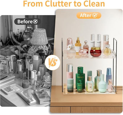 Bathroom Countertop Organizer, 2 Tier Acrylic Tray Vanity Counter Skincare Organizer Shelf, Home Storage Holder for Lotion Makeup Cosmetics Perfume Spice, Black+Clear