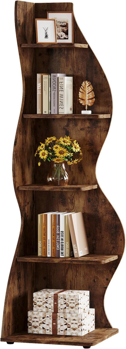 Tribesigns Wavy Corner Shelf, Modern 5-Tier Bookshelf Bookcase with Curvy Shape, Unique Plant Stand Display Rack for Living Room Small Space (Brown)