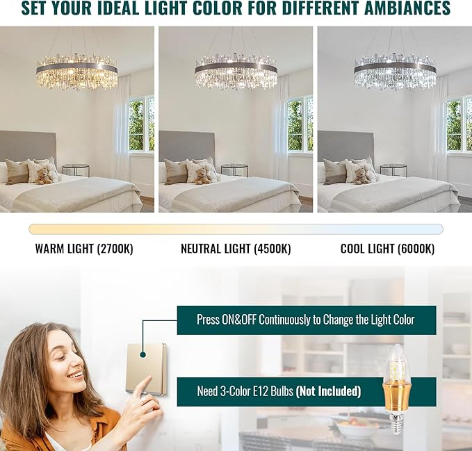 Siljoy 16-Light Modern Crystal Chandelier, Large Brushed Nickel Flush Mount Raindrop Chandelier Adjustable Height Hanging Ceiling Light Fixture for Dining Living Room Entryway Foyer 31.5 Inch